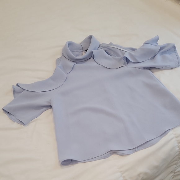 Topshop Light Blue Cold Shoulder Ruffle Blouse - Picture 3 of 7